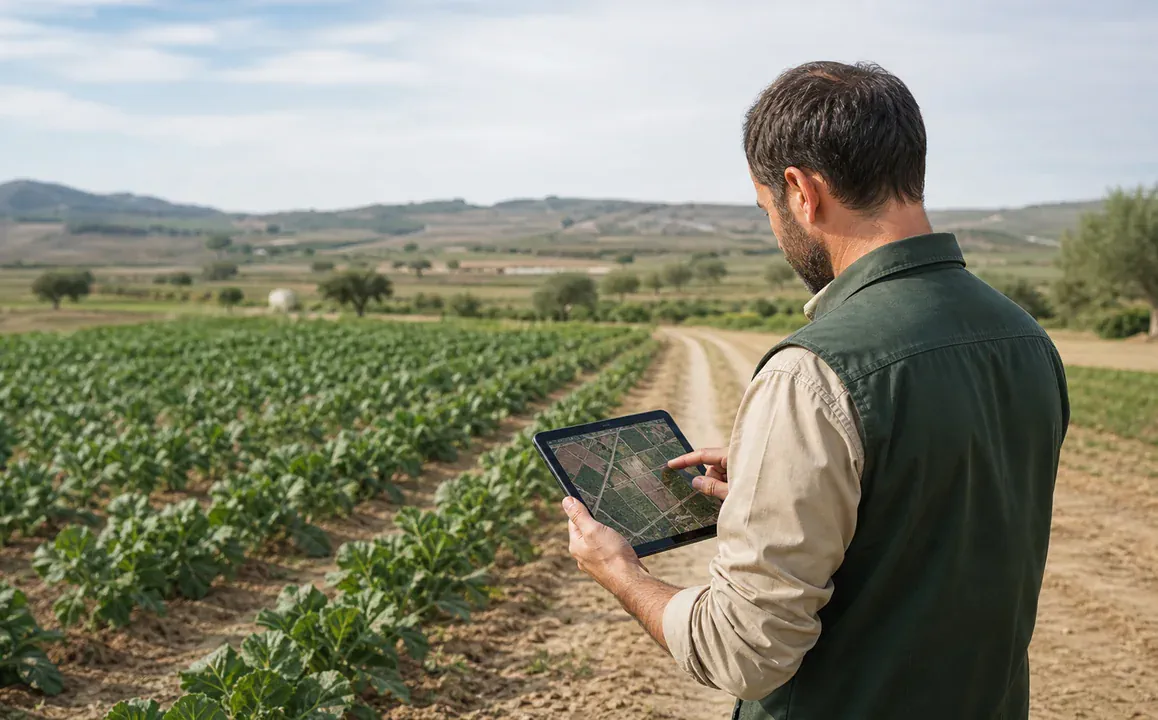 Técnico agronómico revisando una parcela y documentación para un control PAC