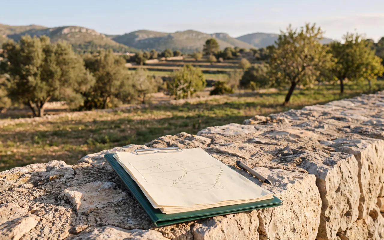 Imagen ilustrativa de una finca mediterránea con planos de parcelas sobre un muro de piedra seca